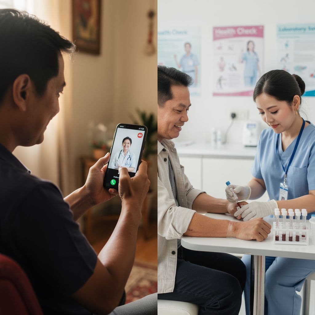 A patient consulting a Hypercare doctor via video call while a nurse performs a lab test.